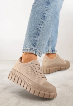 Ciemnobeżowe Sneakersy Vices na Platformie z Ozdobą i Napisem Leawen