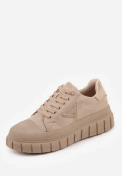 Ciemnobeżowe Sneakersy Vices na Platformie z Ozdobą i Napisem Leawen