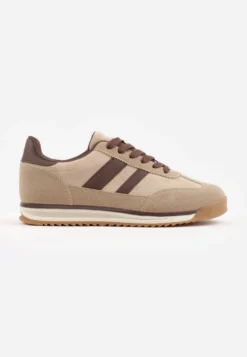 Ciemnobeżowe Sneakersy w Stylu Retro z Panelami z Imitacji Zamszu i Przeszyciami na Cholewce Scarfia