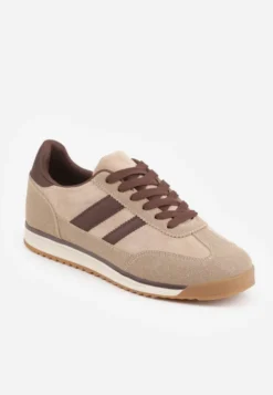 Ciemnobeżowe Sneakersy w Stylu Retro z Panelami z Imitacji Zamszu i Przeszyciami na Cholewce Scarfia