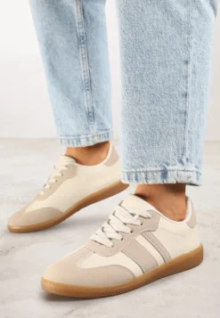 Ciemnobeżowe Sneakersy w Stylu Tenisówek z Paskami Danareth