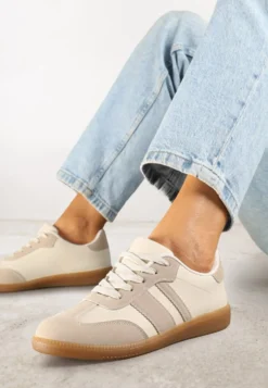 Ciemnobeżowe Sneakersy w Stylu Tenisówek z Paskami Danareth