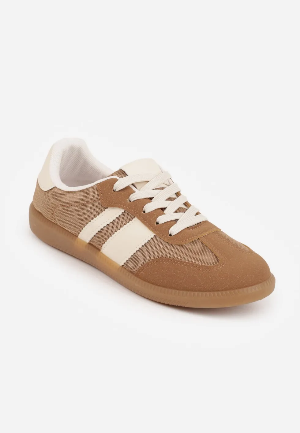 Ciemnobeżowe Sneakersy w Stylu Tenisówek Ozdobione Paskami Jenaniela