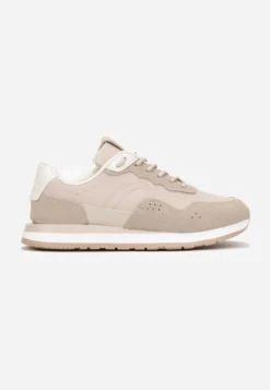 Ciemnobeżowe Sneakersy Zdobione Wstawkami z Imitacji Skóry Fayela