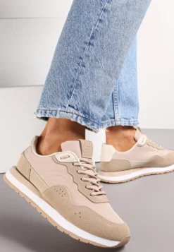 Ciemnobeżowe Sneakersy Zdobione Wstawkami z Imitacji Skóry Fayela