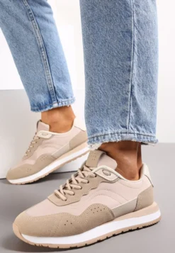 Ciemnobeżowe Sneakersy Zdobione Wstawkami z Imitacji Skóry Fayela