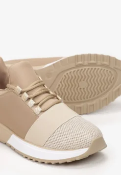 Ciemnobeżowe Sneakersy z Elastyczną Cholewką przed Kostkę i Brokatem Dalapa