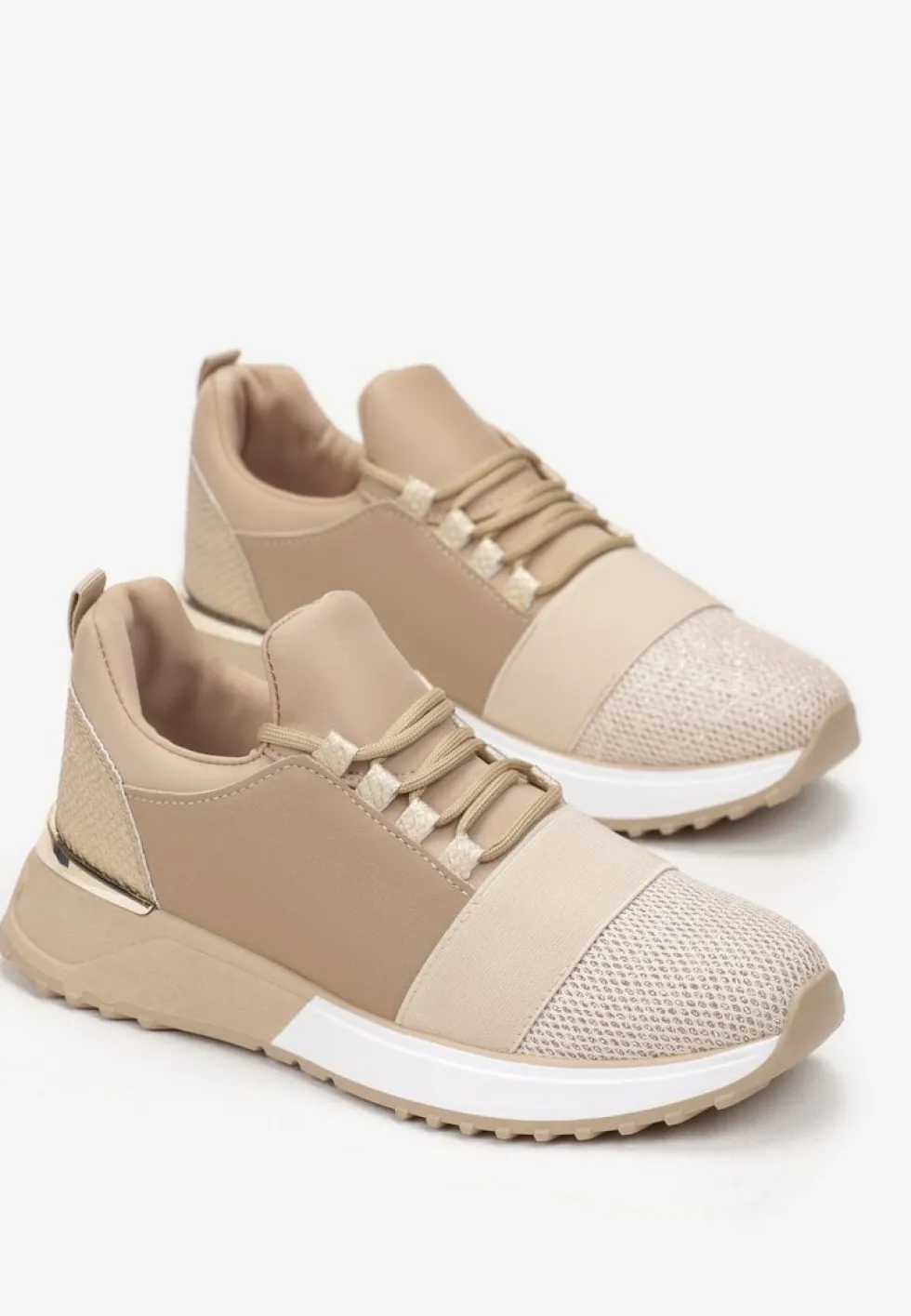 Ciemnobeżowe Sneakersy z Elastyczną Cholewką przed Kostkę i Brokatem Dalapa