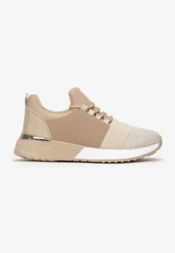 Ciemnobeżowe Sneakersy z Elastyczną Cholewką przed Kostkę i Brokatem Dalapa