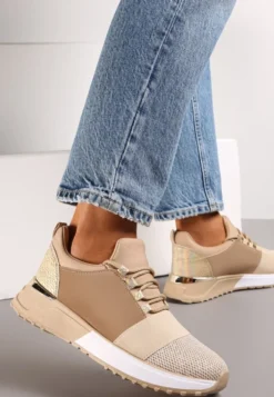 Ciemnobeżowe Sneakersy z Elastyczną Cholewką przed Kostkę i Brokatem Dalapa