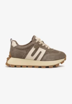 Ciemnobeżowe Sneakersy ze Skóry Naturalnej Ozdobione Geometrycznym Wzorem Melassea