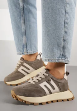 Ciemnobeżowe Sneakersy ze Skóry Naturalnej Ozdobione Geometrycznym Wzorem Melassea