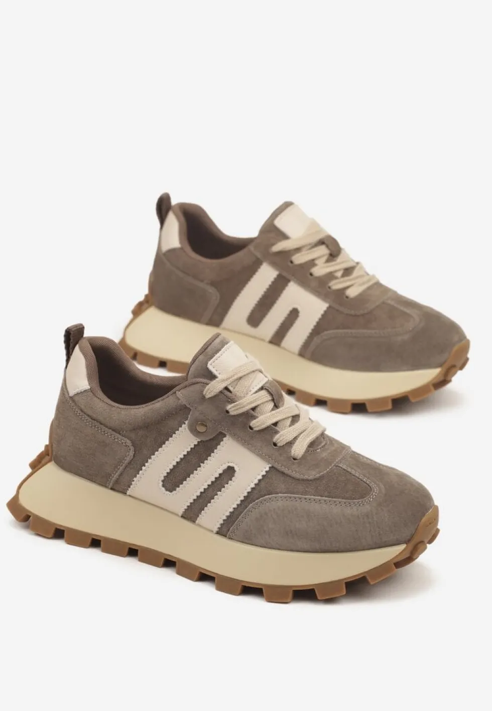 Ciemnobeżowe Sneakersy ze Skóry Naturalnej Ozdobione Geometrycznym Wzorem Melassea