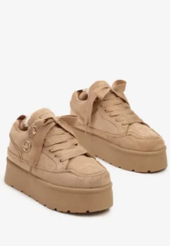 Ciemnobeżowe Sneakersy z Imitacji Zamszu na Grubej Podeszwie Wyściełane Futerkiem Senavel