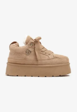 Ciemnobeżowe Sneakersy z Imitacji Zamszu na Grubej Podeszwie Wyściełane Futerkiem Senavel