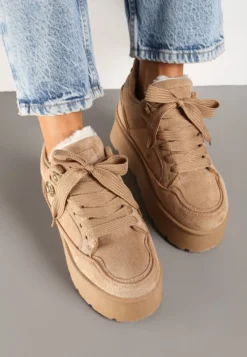 Ciemnobeżowe Sneakersy z Imitacji Zamszu na Grubej Podeszwie Wyściełane Futerkiem Senavel