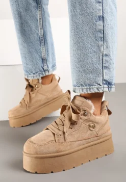 Ciemnobeżowe Sneakersy z Imitacji Zamszu na Grubej Podeszwie Wyściełane Futerkiem Senavel