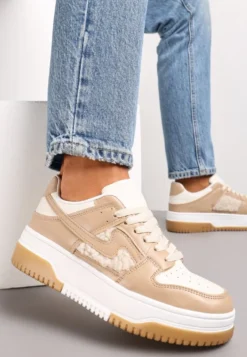 Ciemnobeżowe Sneakersy z Imitacji Skóry ze Wstawkami z Futerka Vaelisa