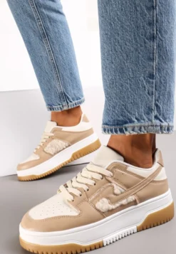 Ciemnobeżowe Sneakersy z Imitacji Skóry ze Wstawkami z Futerka Vaelisa