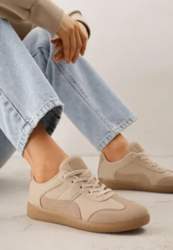 Ciemnobeżowe Sneakersy z Ozdobnymi Przeszyciami przed Kostkę Redala