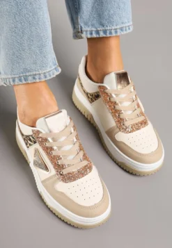 Ciemnobeżowe Sneakersy z Perforacją Cyrkoniami i Brokatem Tillidara