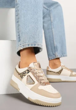 Ciemnobeżowe Sneakersy z Perforacją Cyrkoniami i Brokatem Tillidara