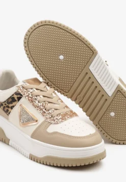 Ciemnobeżowe Sneakersy z Perforacją Cyrkoniami i Brokatem Tillidara