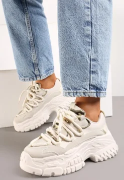 Ciemnobeżowe Sneakersy z Podwójnymi Sznurówkami i Tłoczoną Platformą Luppoa