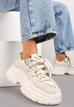 Ciemnobeżowe Sneakersy z Podwójnymi Sznurówkami i Tłoczoną Platformą Luppoa