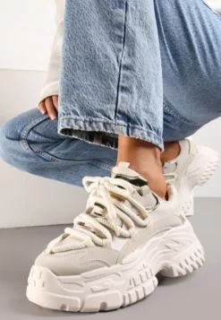 Ciemnobeżowe Sneakersy z Podwójnymi Sznurówkami i Tłoczoną Platformą Luppoa