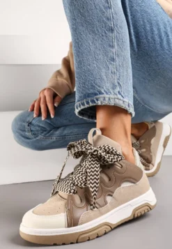 Ciemnobeżowe Sneakersy z Szerokimi Sznurówkami Nolita