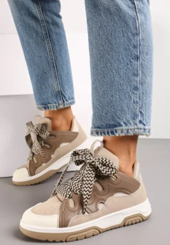 Ciemnobeżowe Sneakersy z Szerokimi Sznurówkami Nolita