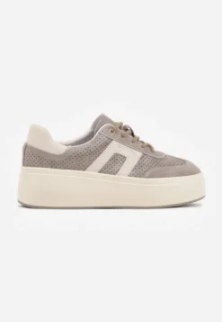 Ciemnobeżowe Sneakersy z Zamszu Naturalnego na Platfomie z Napisem i Perforacją Zitara