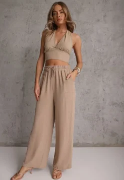 Ciemnobeżowe Spodnie High Waist ze Sznurkiem w Talii i Prostą Nogawką Raveann