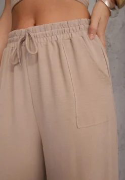Ciemnobeżowe Spodnie High Waist ze Sznurkiem w Talii i Prostą Nogawką Raveann