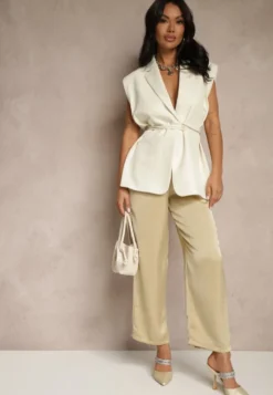 Ciemnobeżowe Spodnie High Waist o Eleganckim Fasonie z Prostą Nogawką Jenarwena