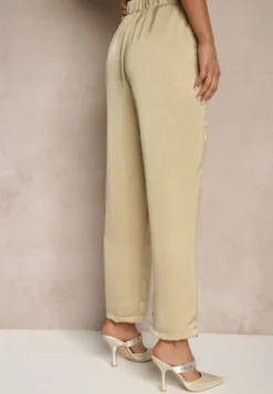Ciemnobeżowe Spodnie High Waist o Eleganckim Fasonie z Prostą Nogawką Jenarwena