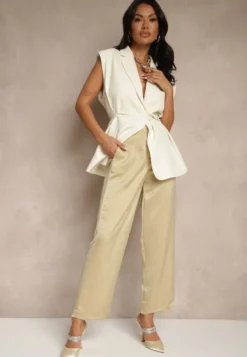 Ciemnobeżowe Spodnie High Waist o Eleganckim Fasonie z Prostą Nogawką Jenarwena