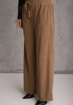 Ciemnobeżowe Spodnie o Szerokim Kroju High Waist z Wiązaniem w Pasie Ettianne