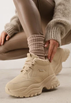 Ciemnobeżowe Streetwearowe Sneakersy Vices Chunky w Stylu Traperów na Platformie Leate