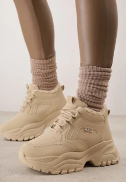 Ciemnobeżowe Streetwearowe Sneakersy Vices Chunky w Stylu Traperów na Platformie Leate