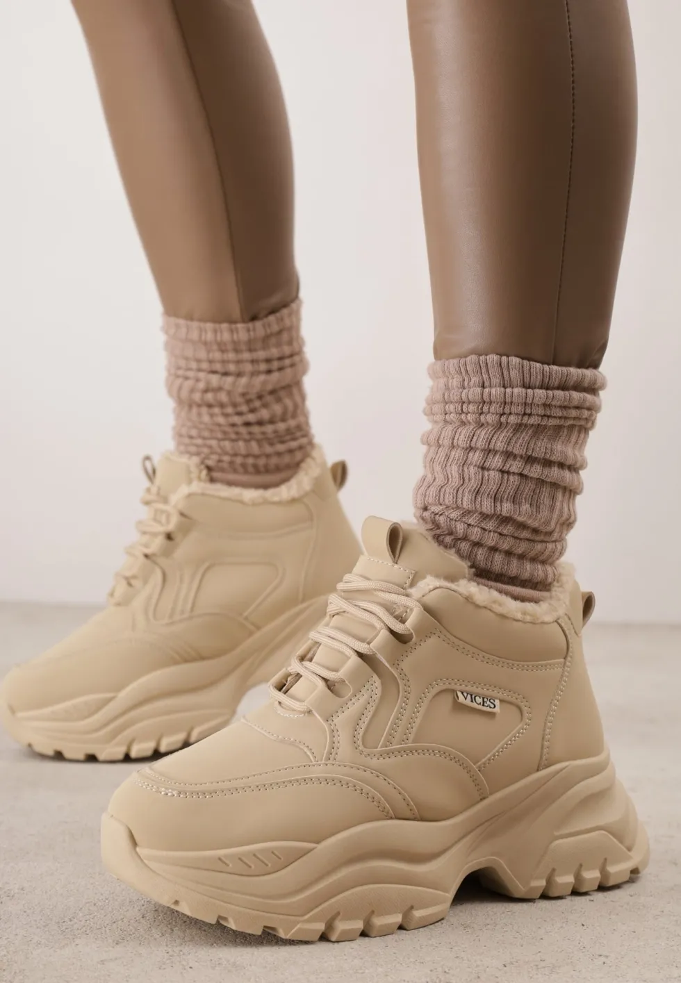 Ciemnobeżowe Streetwearowe Sneakersy Vices Chunky w Stylu Traperów na Platformie Leate