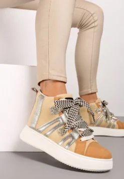 Ciemnobeżowe Streetwearowe Sneakersy na Grubej Podeszwie Ozdobione Kontrastowymi Wstawkami Kaittane