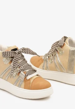 Ciemnobeżowe Streetwearowe Sneakersy na Grubej Podeszwie Ozdobione Kontrastowymi Wstawkami Kaittane