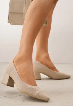 Ciemnobeżowe Strukturalne Czółenka VICES na Słupkowym Obcasie z Wkładką Soft-Pillow Abathise
