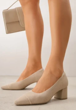 Ciemnobeżowe Strukturalne Czółenka VICES na Słupkowym Obcasie z Wkładką Soft-Pillow Abathise