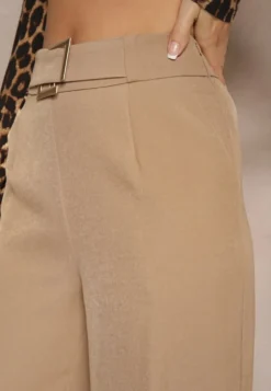 Ciemnobeżowe Szerokie Spodnie Garniturowe z Wiskozą High Waist z Paskiem z Klamrą Enarela