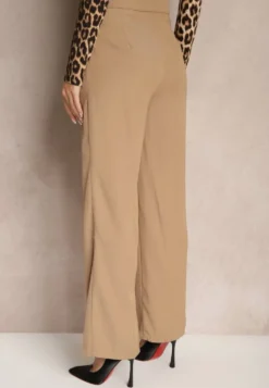 Ciemnobeżowe Szerokie Spodnie Garniturowe z Wiskozą High Waist z Paskiem z Klamrą Enarela