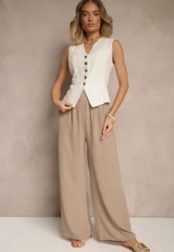 Ciemnobeżowe Szerokie Spodnie High Waist z Wiązaniem w Talii Reivaritta