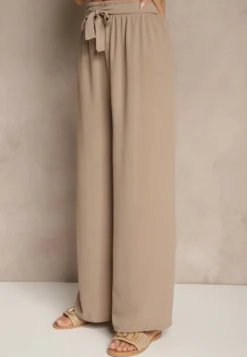 Ciemnobeżowe Szerokie Spodnie High Waist z Wiązaniem w Talii Reivaritta
